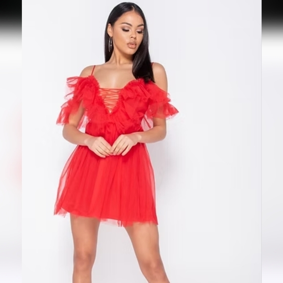 EILLY BAZAR Red Sheer Mesh Tie Front Ruffle Detail Cold Shoulder Mini Dress. XS - Picture 6 of 16